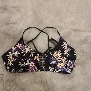 NWT Ambrielle black floral swimsuit top‎ with tie back size xl